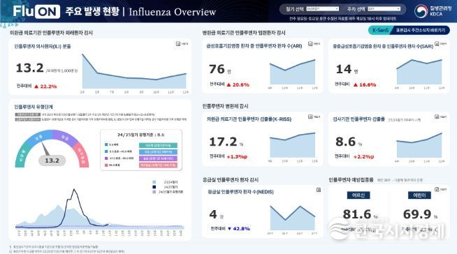 인플루엔자 온라인 현황판 ‘플루온(FluON)’의 주요 발생 현황 화면 예시