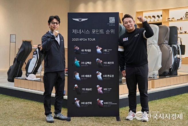 제네시스사업본부장 송민규 부사장(좌)이 이승택 선수의 PGA 투어 입성을 축하하며 제네시스 포인트 순위보드 앞에서 기념촬영을 하고 있다
