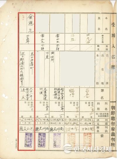 김응윤선생수형인명부(국가기록원제공,부산지방법원마산지청,1920.4.13.)
