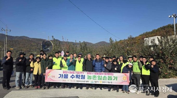 사과 수확 일손돕기 참여자들이 단체 촬영을 하고 있다.