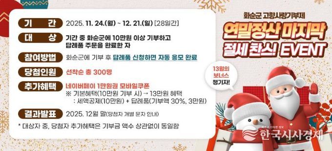 화순군, 고향사랑기부제 ‘연말정산 절세 찬스’ 대규모 이벤트 추진