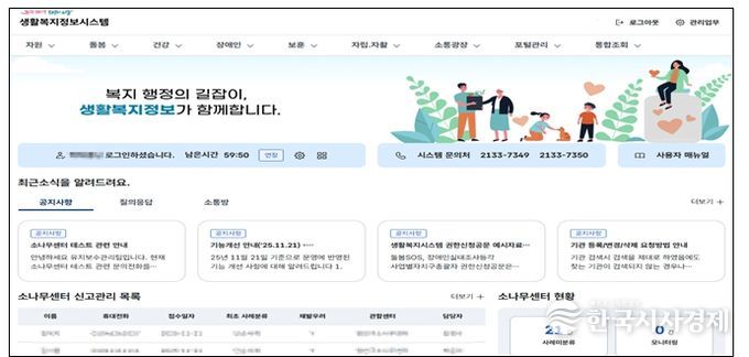 생활복지정보시스템내 메인화면