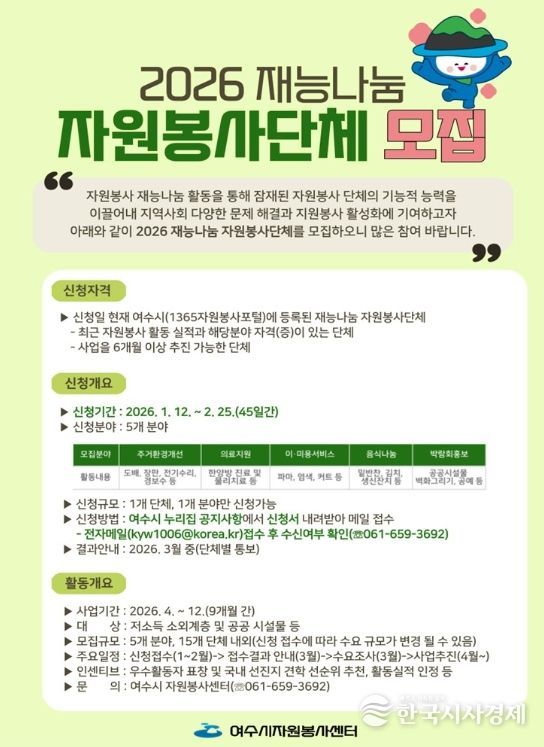 여수시는 오늘(12일)부터 오는 2월 25일까지 ‘2026 찾아가는 재능나눔 프로그램’에 참여할 자원봉사 단체를 모집한다.