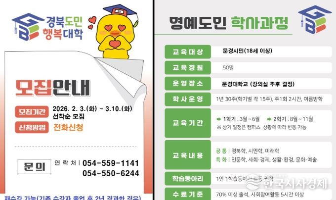 2026년 경북도민행복대학 문경시캠퍼스 명예학사과정 신입생 모집