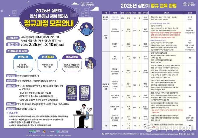 안성 중장년 행복캠퍼스, 2026년 정규교육과정 수강생 모집