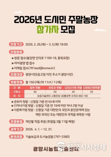 광양시, 2026년 도시민 주말농장 참가자 모집