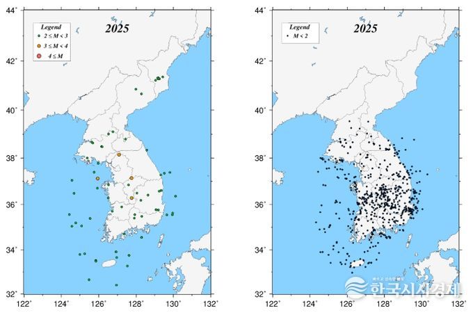 2025년 지진 발생 분포도(왼쪽: 규모 2.0 이상, 오른쪽: 규모 2.0 미만)