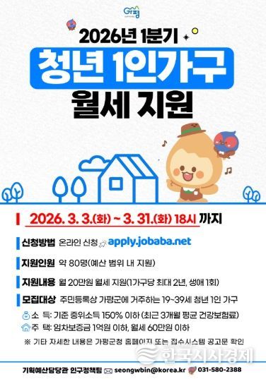 가평군, ‘1분기 청년 1인 가구 월세 지원사업’ 시행