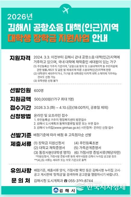 김해시, 공항소음 피해지역 대학생 장학금 지원