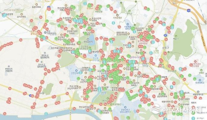 안산시 생활정보지도에 표시된 '자전거 편의시설 위치정보' 사진