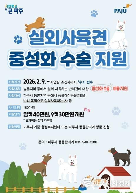 파주시, 2026년 실외사육견 중성화수술 지원사업 추진