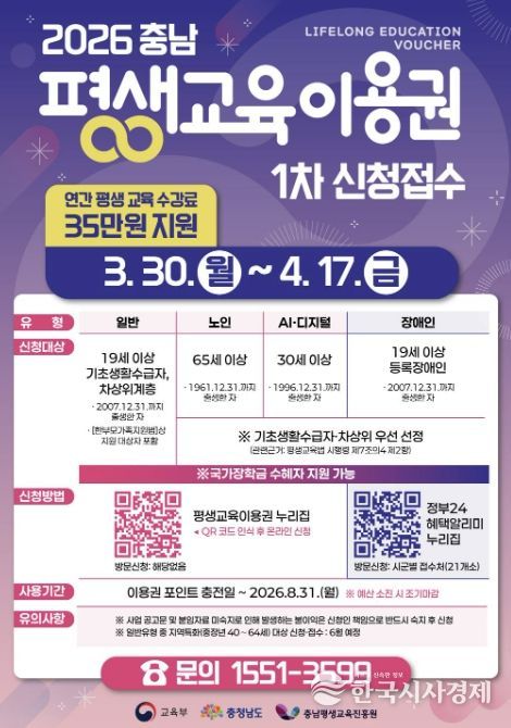 홍성군, 2026년 평생교육 이용권 신청·접수