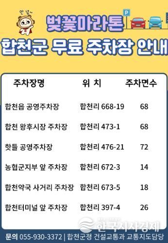 '제25회 합천벚꽃마라톤대회' 당일 공영주차장 무료개방