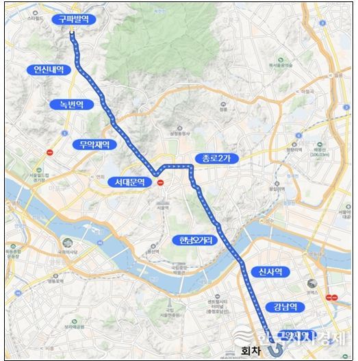 A741 운행 개요- 운행구간 : 구파발역~독립문~광화문역~강남역~양재역(편도 23.5km)